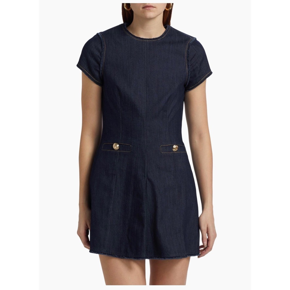 Cinq a Sept Denim Sheath Dress Gold Button Fringe Detail Short Sleeve - Picture 2 of 9